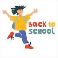 Welcome Back to School banner. Happy schoolchildren vector illustration in flat style design and hand lettering