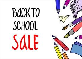 Welcome Back to School vector background, with hand-lettered colorful inscription and colored pencils. Blackboard stylized design. Isolated on black