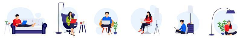 Freelance character set male and female sitting on sofa armchair doing work on laptop with different pose vector