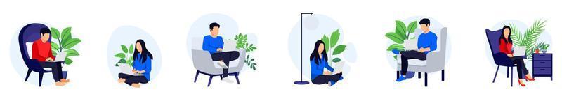 Freelancer character set male and female sitting on sofa armchair doing work on laptop isolated vector