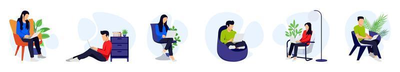 Freelancer character set male and female sitting on sofa armchair doing work on laptop with houseplant and with different pose and position vector