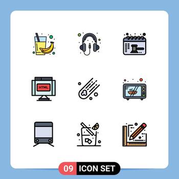 paquete de color plano de línea de llenado de 9 símbolos universales de asteroide html auriculares encontrar elementos de diseño vectorial editables de equilibrio vector