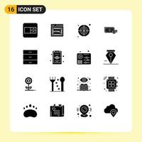 Universal Icon Symbols Group of 16 Modern Solid Glyphs of interior drawer dollar cabinet money Editable Vector Design Elements