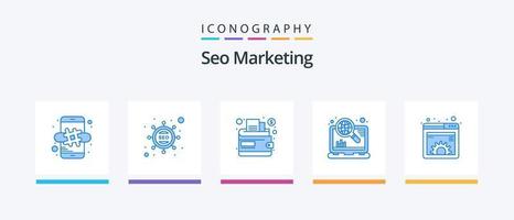 seo marketing blue 5 icon pack que incluye equipo. contenido. dinero en efectivo. SEO marketing. diseño de iconos creativos vector