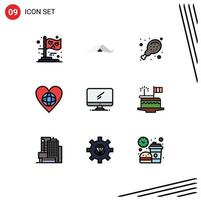 9 Universal Filledline Flat Color Signs Symbols of computer heart men world ecology Editable Vector Design Elements