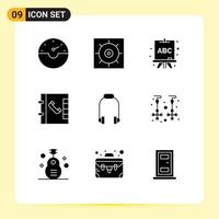 User Interface Pack of 9 Basic Solid Glyphs of jewelry drop learning music earphone Editable Vector Design Elements