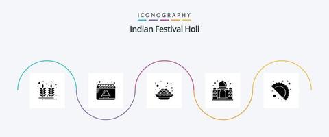 Holi Glyph 5 Icon Pack Including gujjia. india. cake. taj mahal. building vector