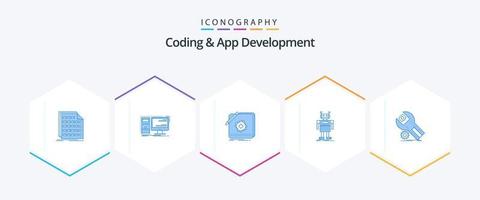 codificación y desarrollo de aplicaciones 25 paquete de iconos azules que incluye artificial. robot. puesto de trabajo. diseño. logo vector