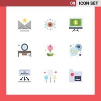 Pictogram Set of 9 Simple Flat Colors of mirror table dressing table bank beauty table pay Editable Vector Design Elements