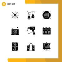 9 User Interface Solid Glyph Pack of modern Signs and Symbols of puncher construction cpu music video Editable Vector Design Elements