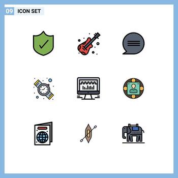 Set of 9 Modern UI Icons Symbols Signs for business graph messages beat computer Editable Vector Design Elements
