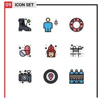 Mobile Interface Filledline Flat Color Set of 9 Pictograms of firemen fire insurance fight pills Editable Vector Design Elements