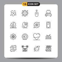 Pack of 16 creative Outlines of wedding heart network bed mouse Editable Vector Design Elements