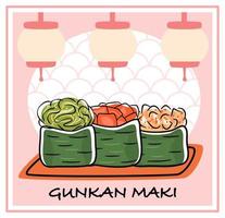 Gunkan sushi set, maki rolls with shrimp, salmon roe and eel. Japanese menu vector illustration.