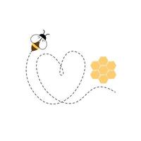 Vector illustration of icon bee on white background. Insect character. Bee flies along a dotted path.