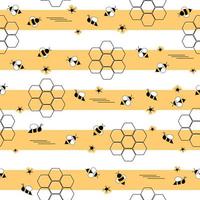 Seamless pattern with flower and bee on yellow white stripe background vector illustration.