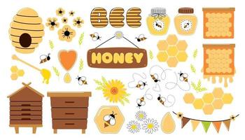 Vector set with honey, pieces of honeycomb, flying bee, hive, flowing liquid on a stick. Honey icons set. Honey set. Bees set, cute honey clipart.