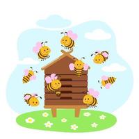 Honey hive with cute bees. Vector illustration isolated on white background.