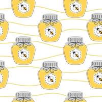 Seamless pattern with Honey jar and bee on striped background. Vector illustration.