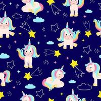 Seamless pattern with cute unicorns on the sky with stars. Vector illustration of a fairy tale.