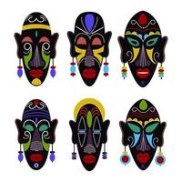 conjunto de máscaras tribales negras africanas. símbolos rituales aislados sobre fondo blanco. Ilustración de vector plano colorido.