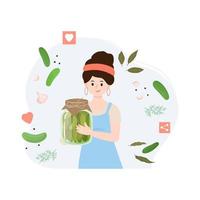 concepto de blogs de comida. el personaje de una bloguera prepara pepinos encurtidos con especias en un frasco. Ilustración de vector de productos saludables naturales enlatados.