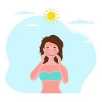 Woman with sunburn on body skin. UV radiation damage skin in hot summer day. Vector illustration.