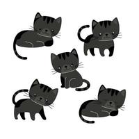 gato negro de dibujos animados con diferentes poses y emociones. Ilustración de vector lindo aislado sobre fondo blanco.