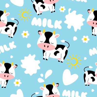 Cute seamless pattern with Cow, Milk splash, Drops, Chamomile and Sun on a blue background. Vector illustration.