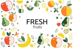 Fresh fruits. Frame rectangular design template. Vector illustration.