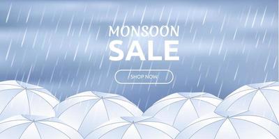 venta de monzón hermosas sombrillas. banner, página de destino, afiche, etiqueta, plantilla de encabezado web para el diseño. gotas de lluvia de la temporada del monzón. ilustración vectorial. vector