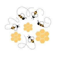 Bee flies along a dotted path isolated on a white background. Bee cartoon icons set. Vector illustration.