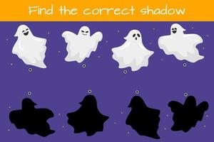 Find correct shadow. Kids educational logic game. Cute funny halloween ghost. Vector illustration isolated on white background.