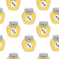 Seamless pattern with Honey jar and bee on white background. Vector illustration.