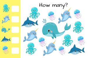 Counting game, count sea animals and write result. Kids educational logic game. Educational printable math worksheet. Vector illustration isolated on white background.