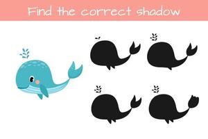 Find correct shadow. Kids educational logic game. Cute funny whale. Vector illustration isolated on white background.