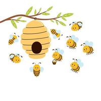 colmena de miel con lindas abejas colgando de una rama. ilustración vectorial aislado sobre fondo blanco. vector