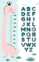 Meter wall or height chart with dinosaur princess alphabet. Children's poster. Decor for a children's playroom. Cute vector illustration in flat cartoon style.