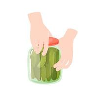 pepinos en escabeche con especias en un frasco. conservas caseras de pepinos. preparación y conservación de alimentos. Ilustración de vector de productos saludables naturales enlatados.