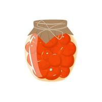 Pickled tomatoes with spices in a jar. Homemade preserves of fresh fruit. Preparing and Preserving Food. Canned natural healthy products vector illustration.