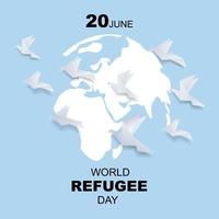 World refugee day background with flying origami bird. Flat style vector illustration. Concept of migrant for web, banner, background, wallpaper, poster or card design.
