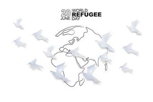 World refugee day background with flying origami bird. Flat style vector illustration. Concept of migrant for web, banner, background, wallpaper, poster or card design.