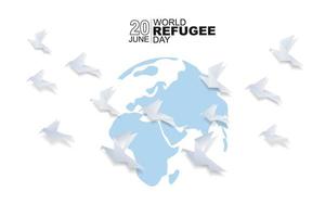 World refugee day background with flying origami bird. Flat style vector illustration. Concept of migrant for web, banner, background, wallpaper, poster or card design.