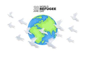 World refugee day background with flying origami bird. Flat style vector illustration. Concept of migrant for web, banner, background, wallpaper, poster or card design.