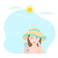 Vector sun protection and safety skin. Woman applying sunscreen to her face. The concept of beauty and health. Vector illustration isolated on white background.