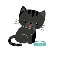 Vector illustration of cute black happy cat on a white background in cartoon style. Favorite pet drinks milk.