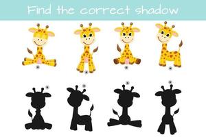 Find correct shadow. Kids educational logic game. Cute funny giraffe. Vector illustration isolated on white background.