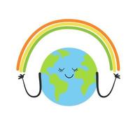 Cute smiling earth planet rainbow isolated on white background. Earth day, world environment day concept design. Vector cartoon character illustration.