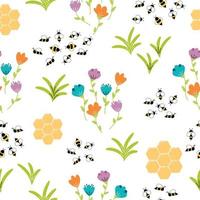 patrón vectorial sin costuras con abejas de dibujos animados voladoras y flores sobre fondo blanco. ilustración para niños utilizada para revistas, libros, afiches, tarjetas, páginas web. vector