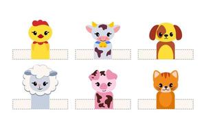 Finger puppets farm animals for paper cut kids activities. Home theater with handmade cartoon toys. Children craft education vector page. Vector illustration.